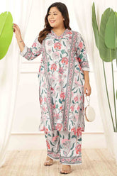 Plus Size Light Blue Floral V Neck Kurta Coord Set