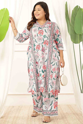 Plus Size Light Blue Floral V Neck Kurta Coord Set