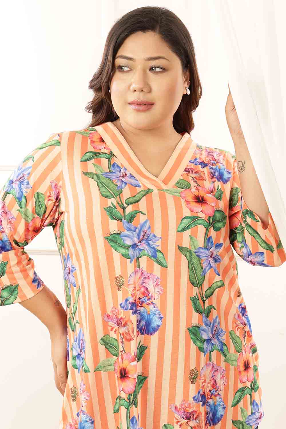 Plus Size Orange Floral Stripes Top for Women