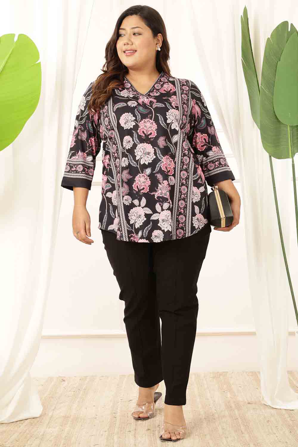 Buy Plus Size Black Floral V Neck Top