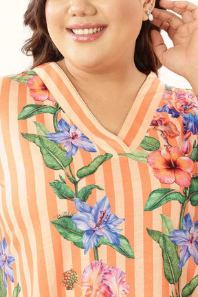 Plus Size Orange Floral Stripes Top