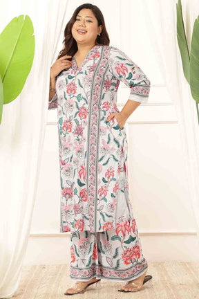 Plus Size Light Blue Floral V Neck Kurta Coord Set