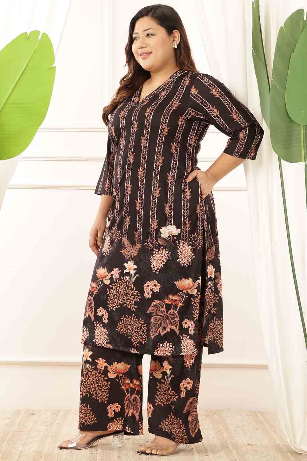 Plus Size Plus Size Black Floral Kurta Coord Set