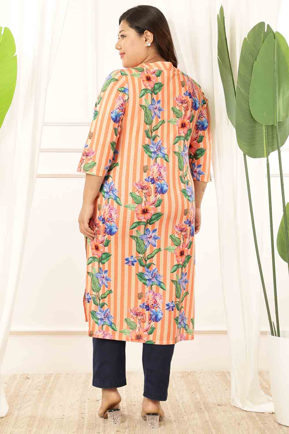 Comfortable Plus Size Orange Floral Stripes Kurta