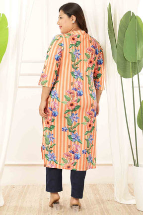 Plus Size Orange Floral Stripes Kurta