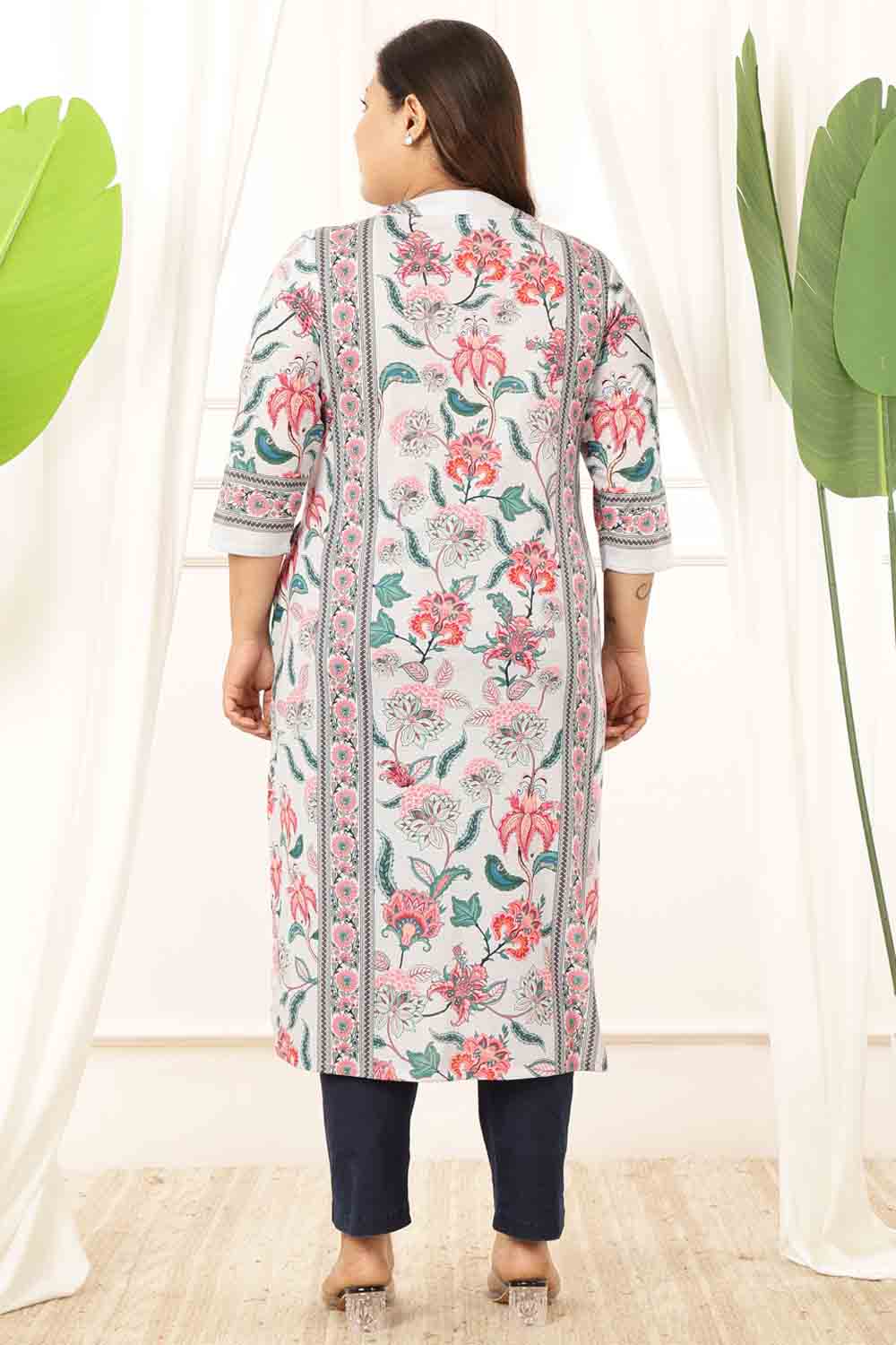 Plus Size Light Blue Floral V Neck Kurta