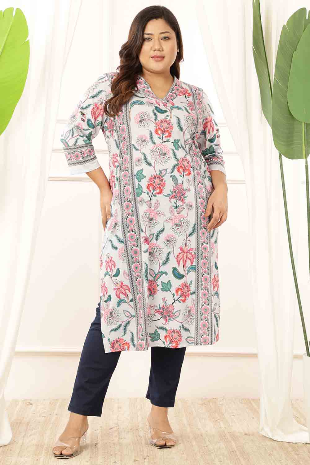 Plus Size Plus Size Light Blue Floral V Neck Kurta