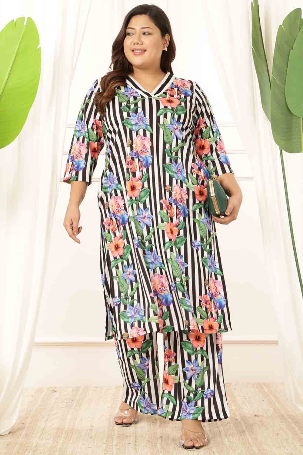 Plus Size Black Floral Stripes Kurta Coord Set