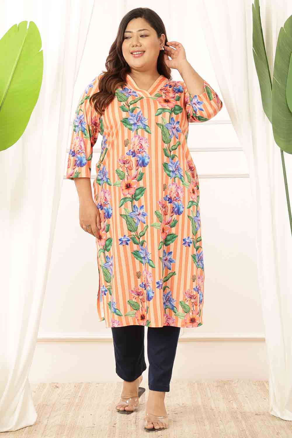 Plus Size Plus Size Orange Floral Stripes Kurta