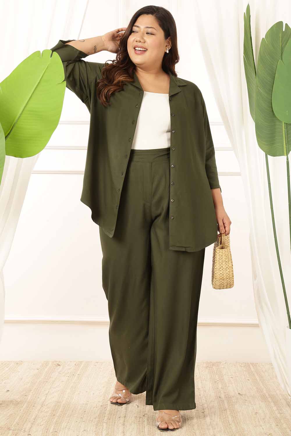 Buy Plus Size Olive Rayon Twill Shirt Coord Set