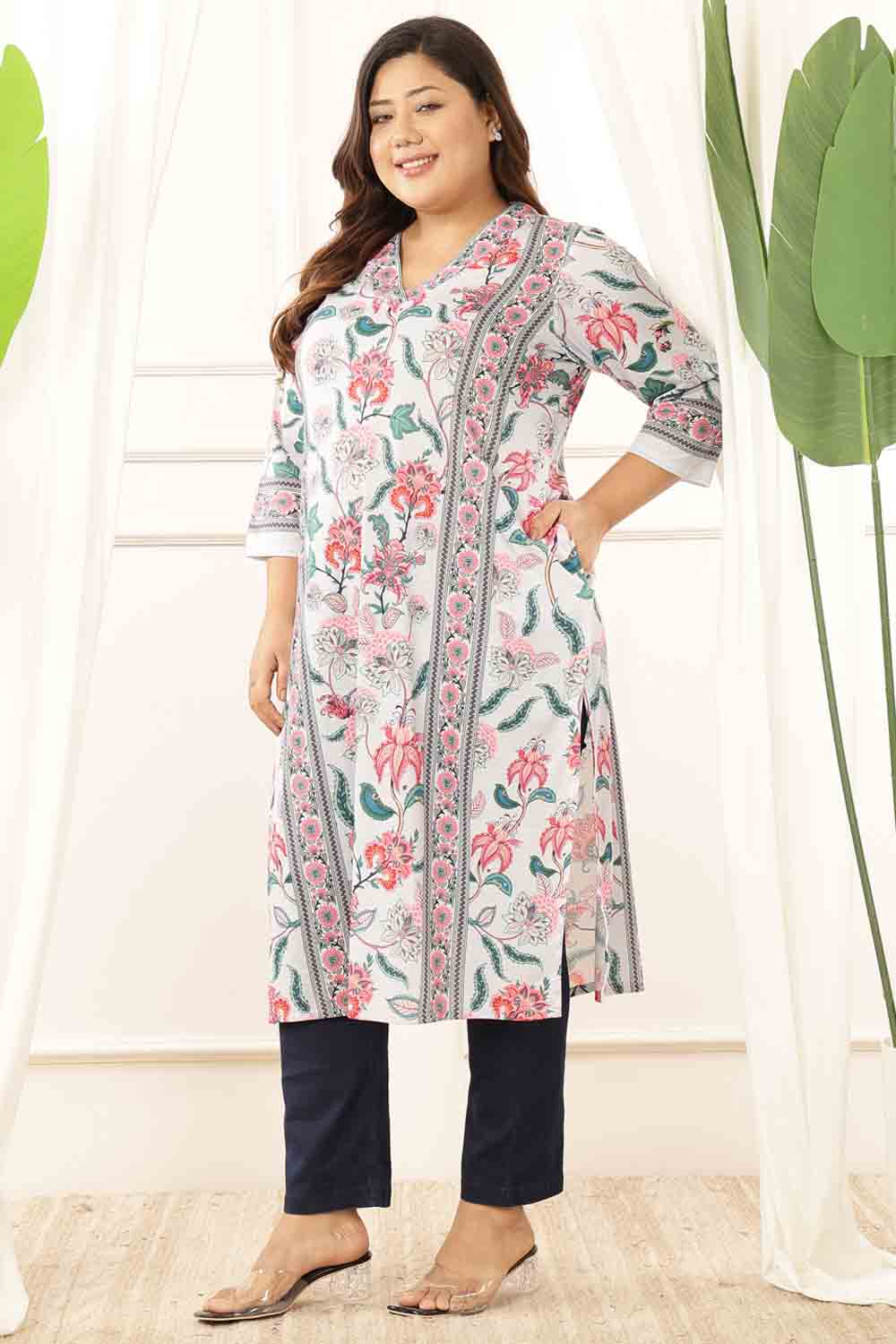 Plus Size Light Blue Floral V Neck Kurta for Women