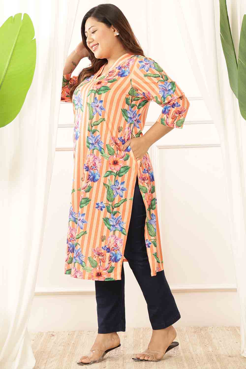 Plus Size Orange Floral Stripes Kurta for Women