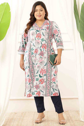 Plus Size Light Blue Floral V Neck Kurta