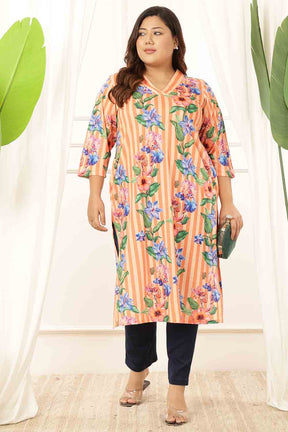 Plus Size Orange Floral Stripes Kurta