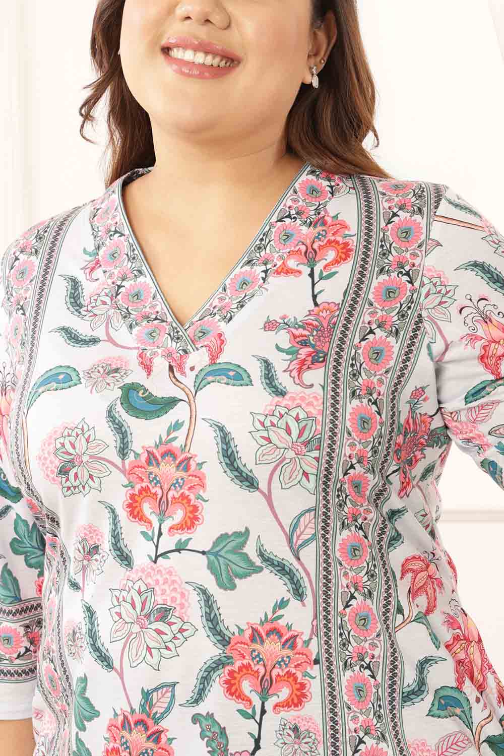 Comfortable Plus Size Light Blue Floral V Neck Kurta