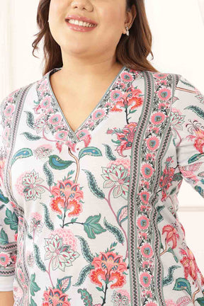 Plus Size Light Blue Floral V Neck Kurta