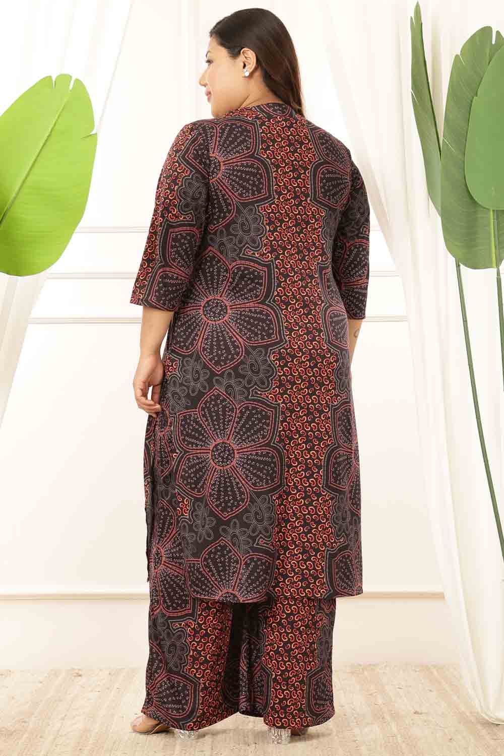 Plus Size Maroon Floral V Neck Kurta  Coord Set