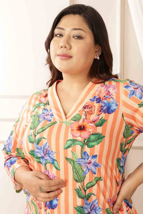 Plus Size Orange Floral Stripes Kurta