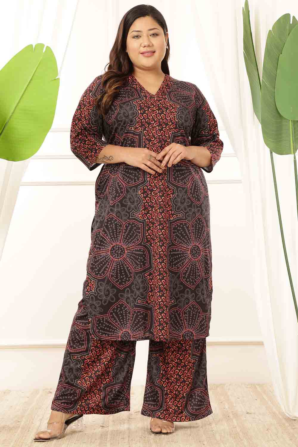 Buy Plus Size Maroon Floral V Neck Kurta  Coord Set