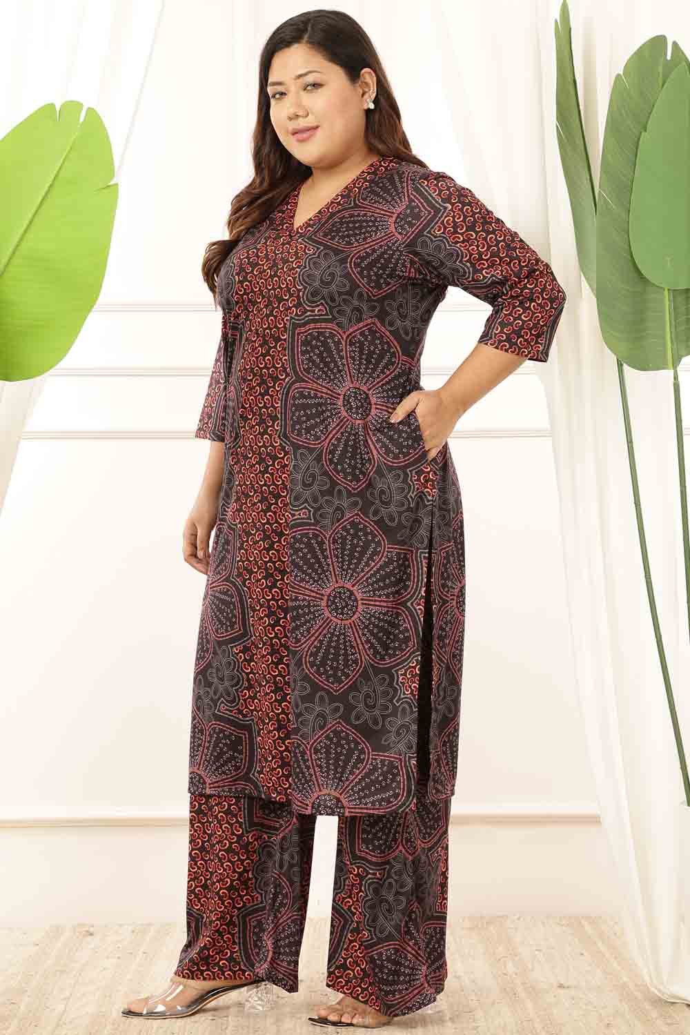 Plus Size Plus Size Maroon Floral V Neck Kurta  Coord Set