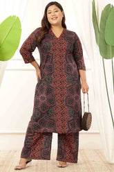 Plus Size Maroon Floral V Neck Kurta  Coord Set