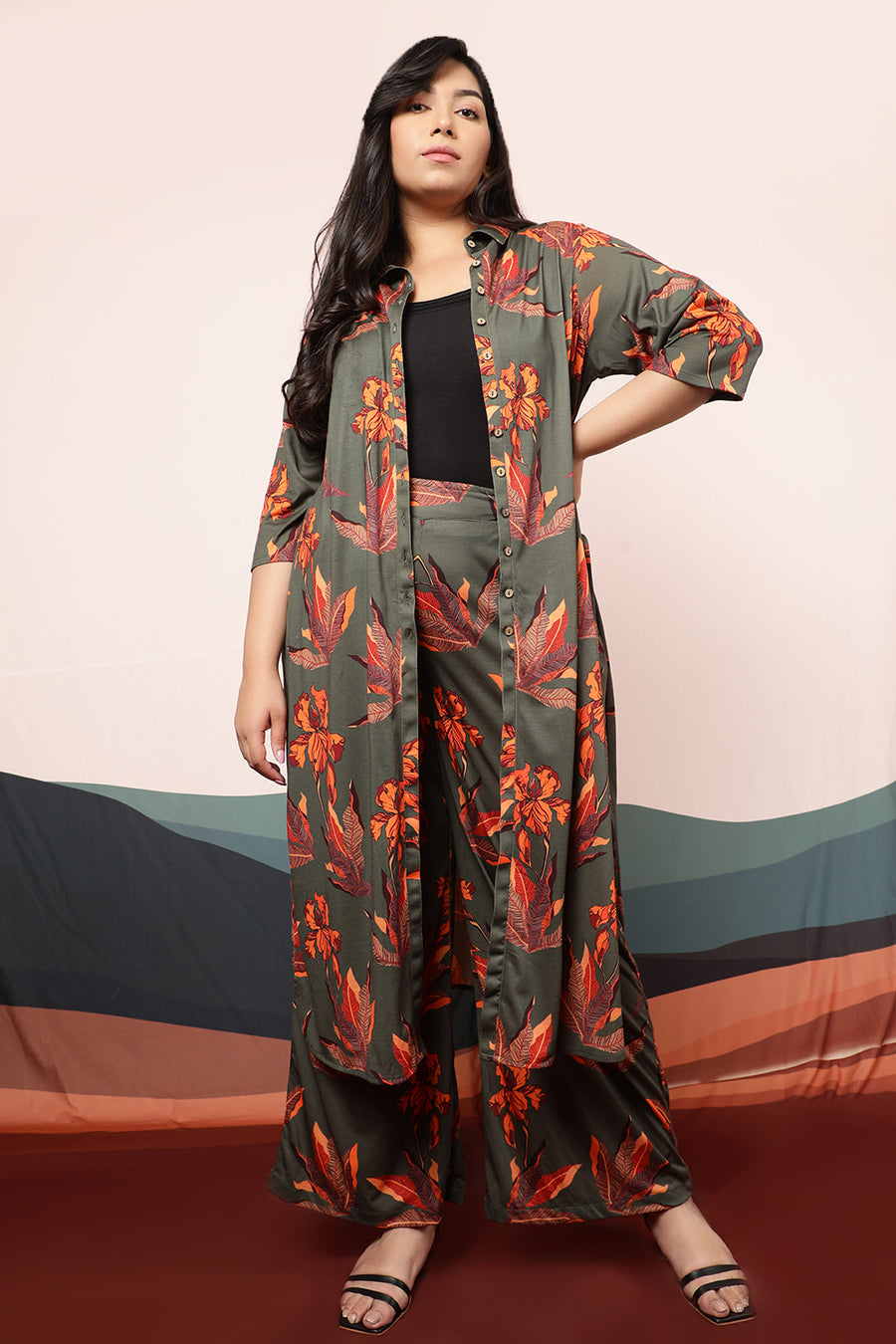 Plus Size Marsh Green Leaf Print Coord Set