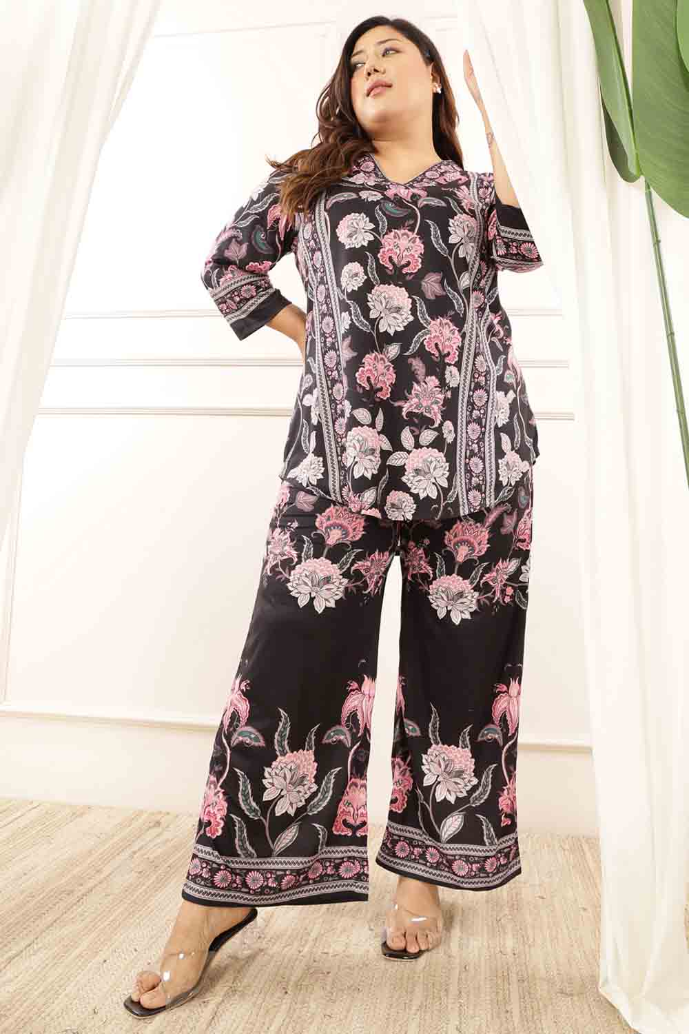 Plus Size Black Floral Top Coord Set