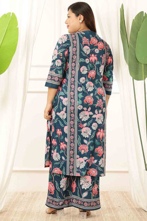 Plus Size Green Floral V Neck Kurta Coord Set