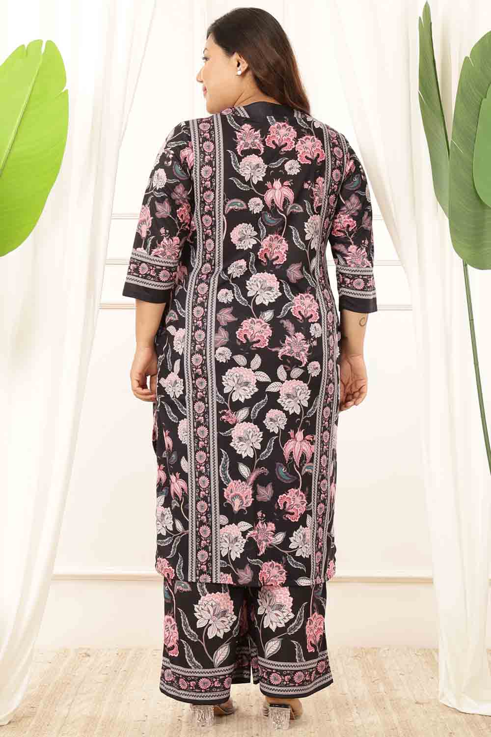 Plus Size Black Floral Kurta Coord Set