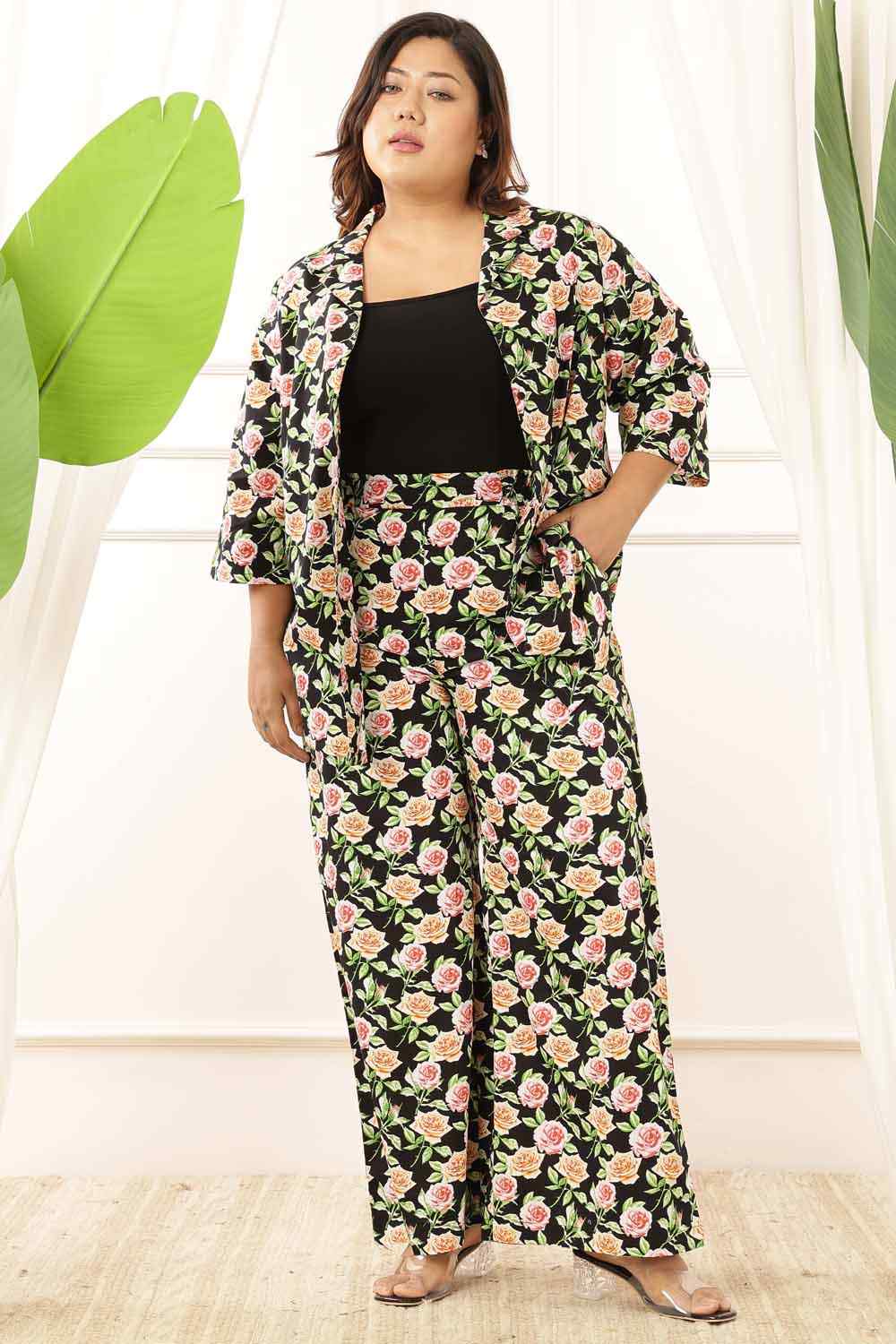 Plus Size Black Floral Shirt Cotton Coord Set