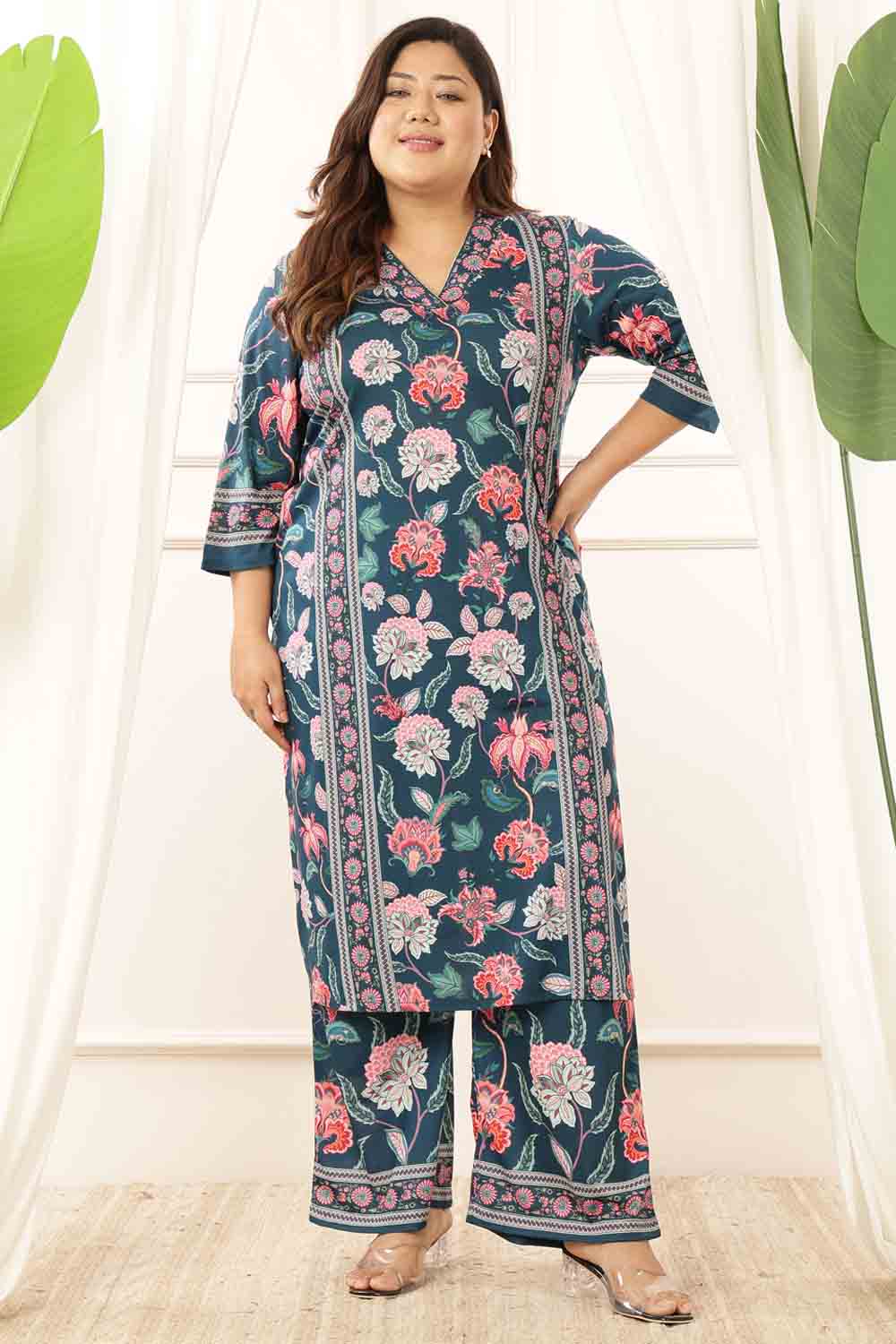 Plus Size Green Floral V Neck Kurta Coord Set