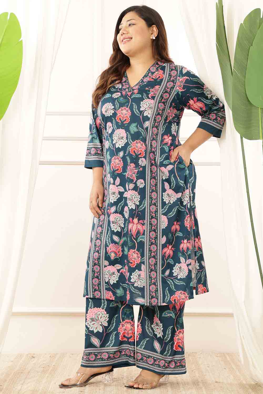 Plus Size Plus Size Green Floral V Neck Kurta Coord Set