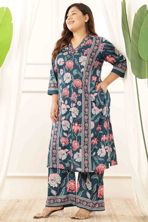 Plus Size Green Floral V Neck Kurta Coord Set