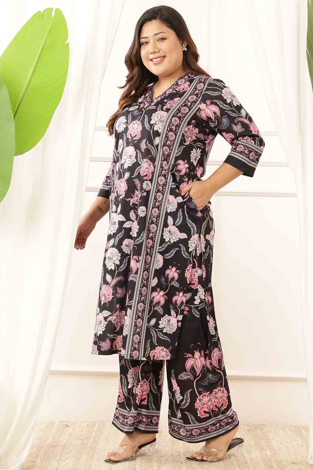 Plus Size Plus Size Black Floral Kurta Coord Set