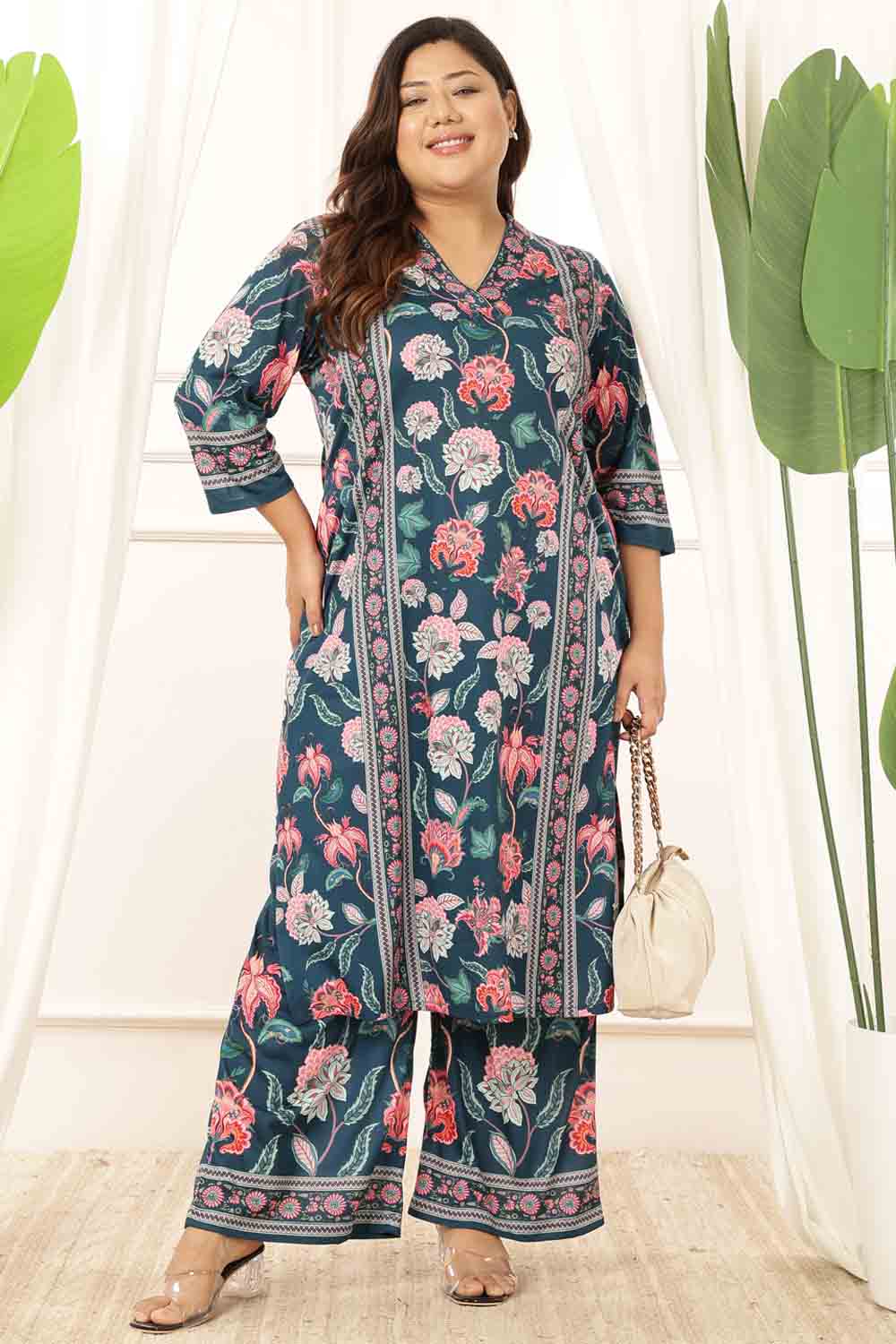 Plus Size Green Floral V Neck Kurta Coord Set