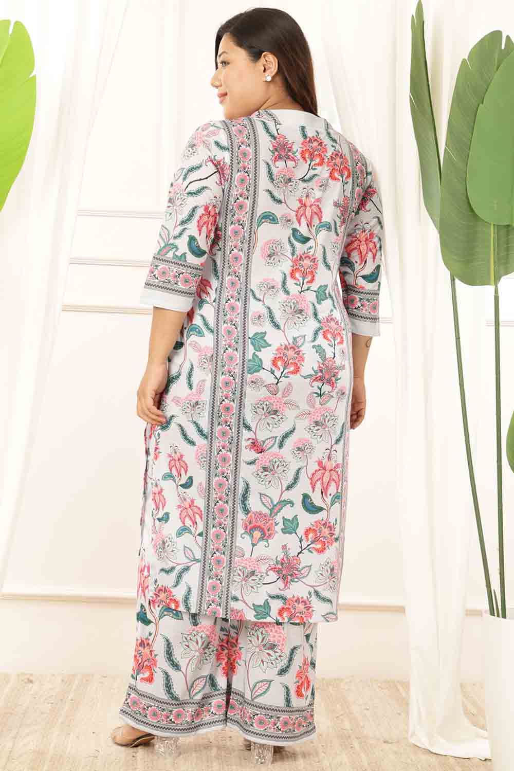 Plus Size Light Blue Floral V Neck Kurta Coord Set