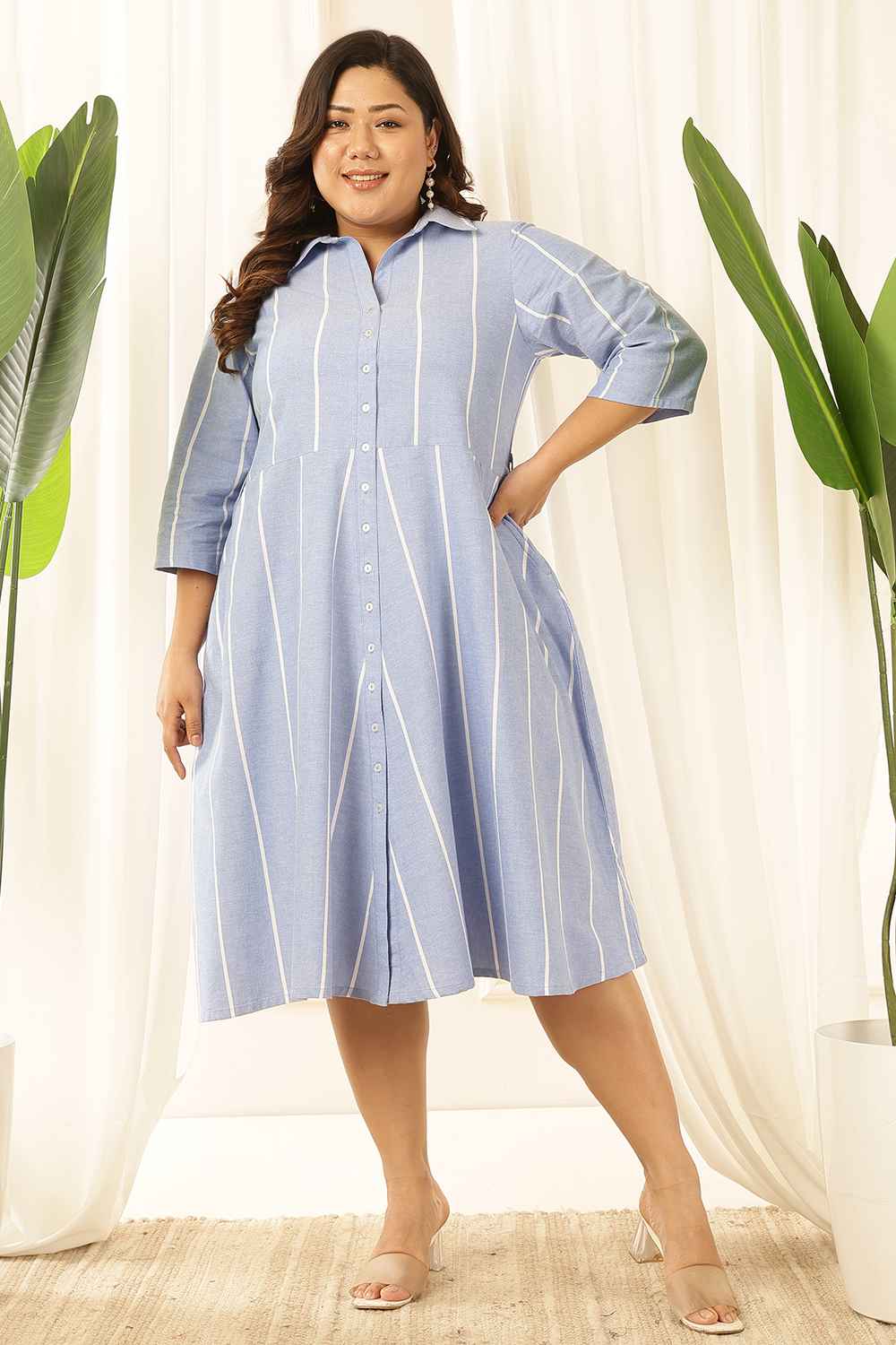 Plus Size Blue Striped Chambray Shirt Dress