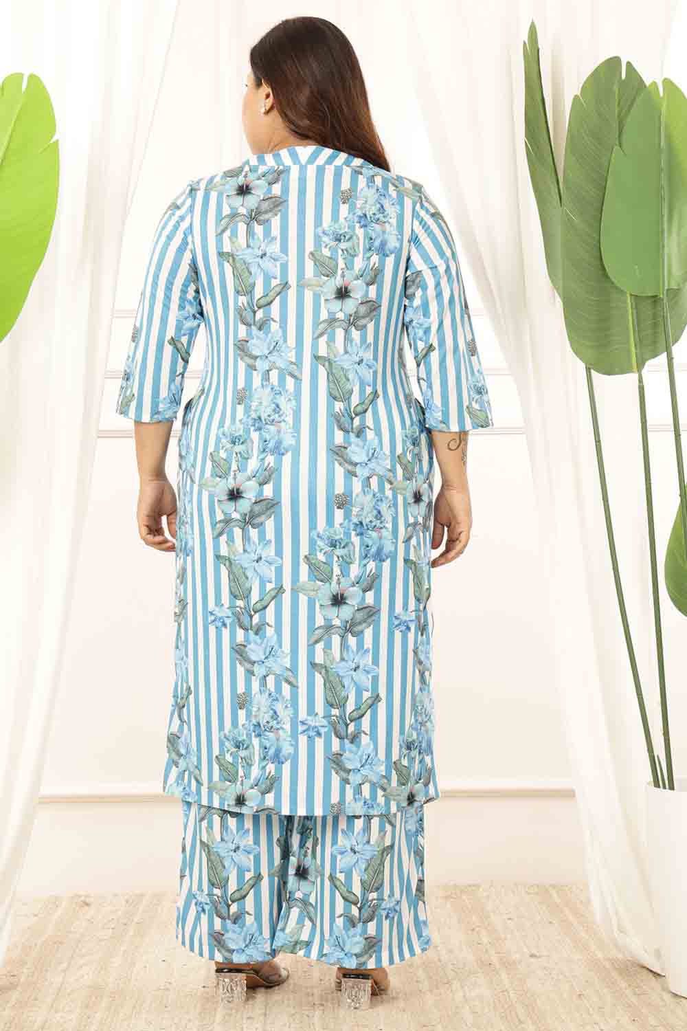 Plus Size Blue Floral Stripes Kurta Coord Set