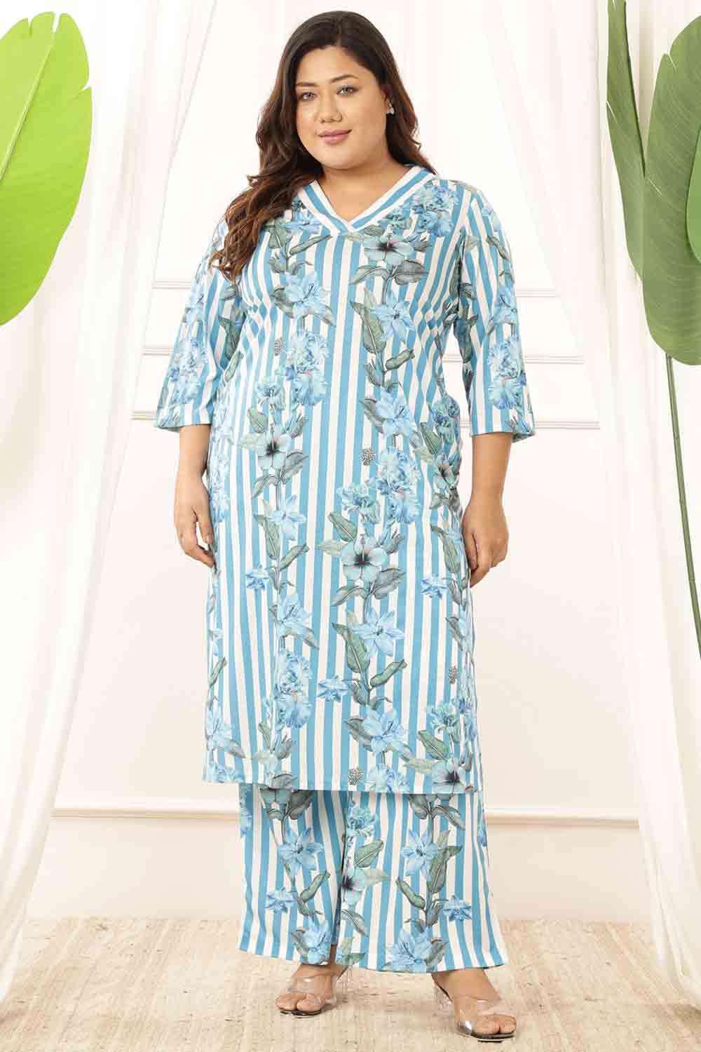 Plus Size Plus Size Blue Floral Stripes Kurta Coord Set