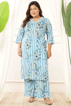 Plus Size Blue Floral Stripes Kurta Coord Set