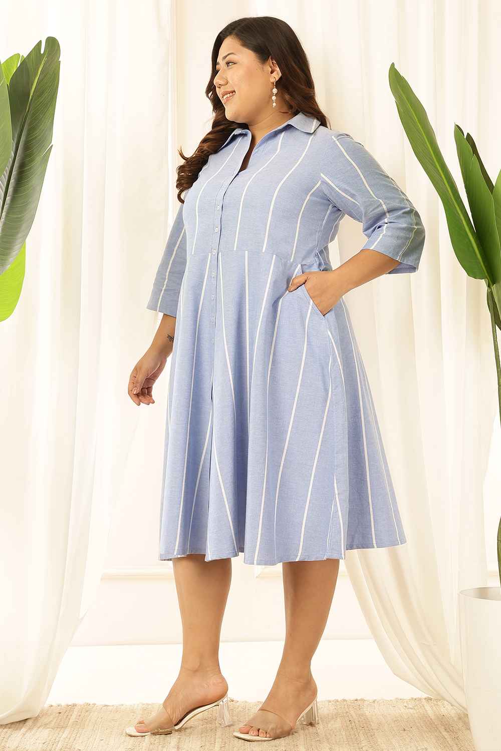 Plus Size Plus Size Blue Striped Chambray Shirt Dress