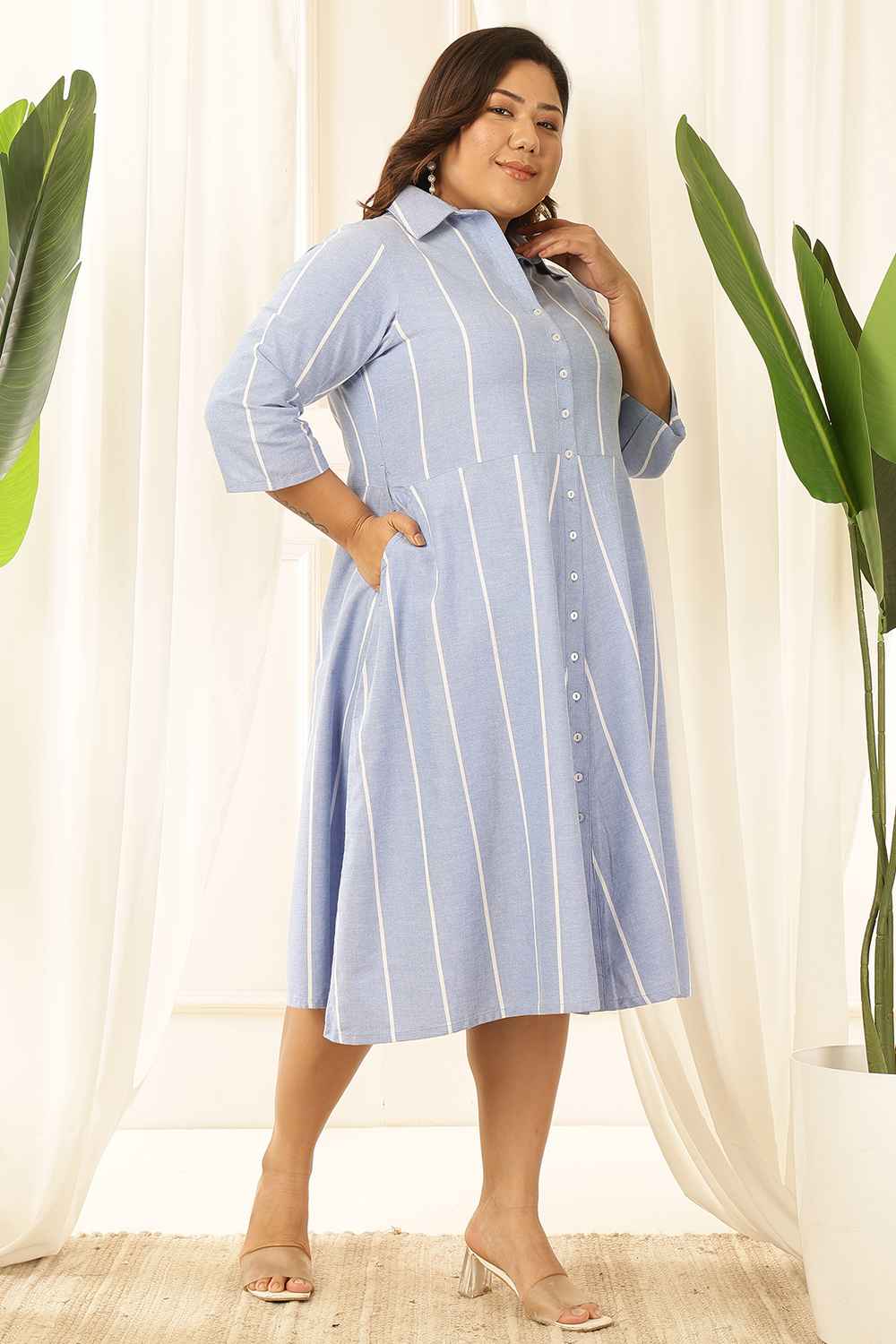 Plus Size Blue Striped Chambray Shirt Dress for Women