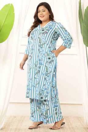 Plus Size Blue Floral Stripes Kurta Coord Set