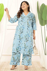 Plus Size Blue Floral Stripes Kurta Coord Set