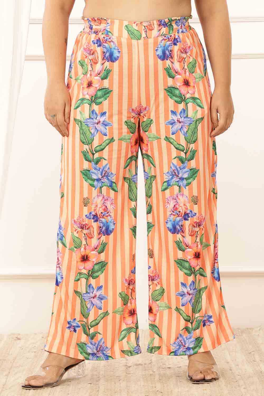 Comfortable Plus Size Orange Floral Stripes Top Coord Set