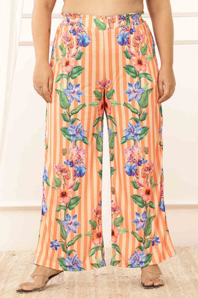 Plus Size Orange Floral Stripes Top Coord Set