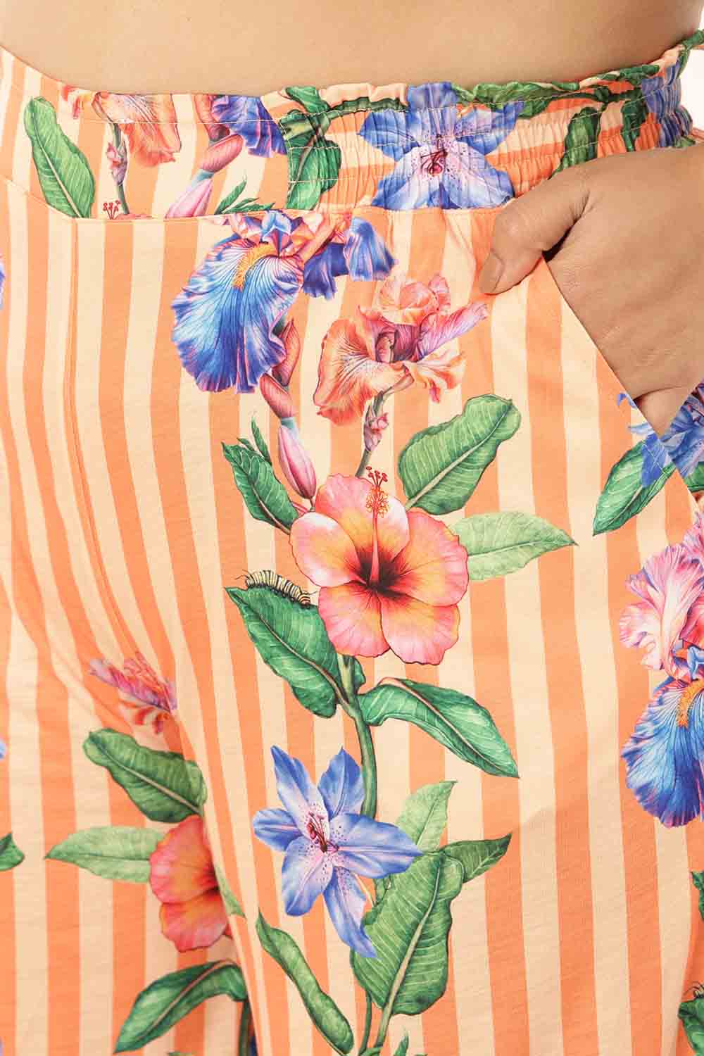 Plus Size Orange Floral Stripes Top Coord Set