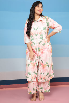 Plus Size Light Pink Floral Printed Coord Set