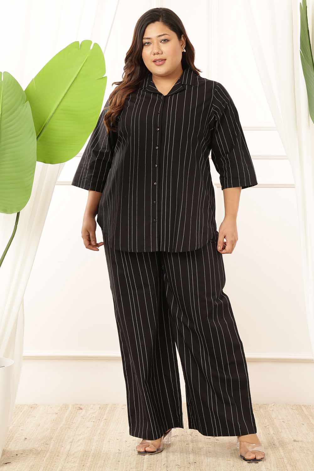 Plus Size Black Stripe Shirt Coord Set