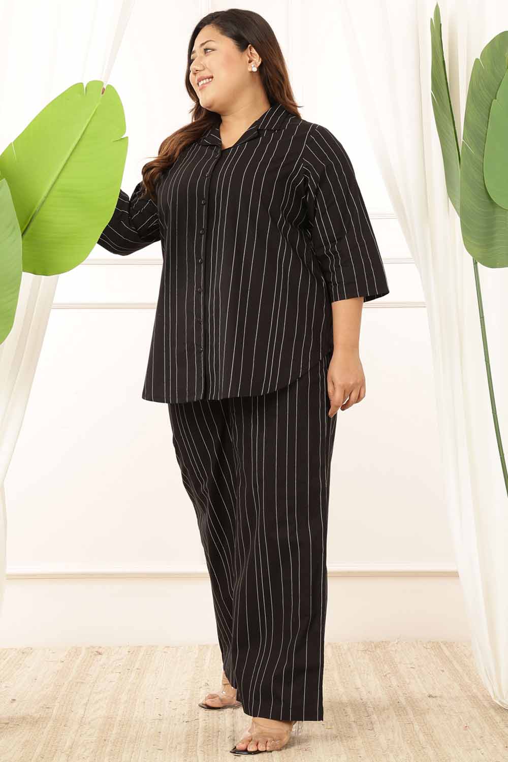 Plus Size Plus Size Black Stripe Shirt Coord Set